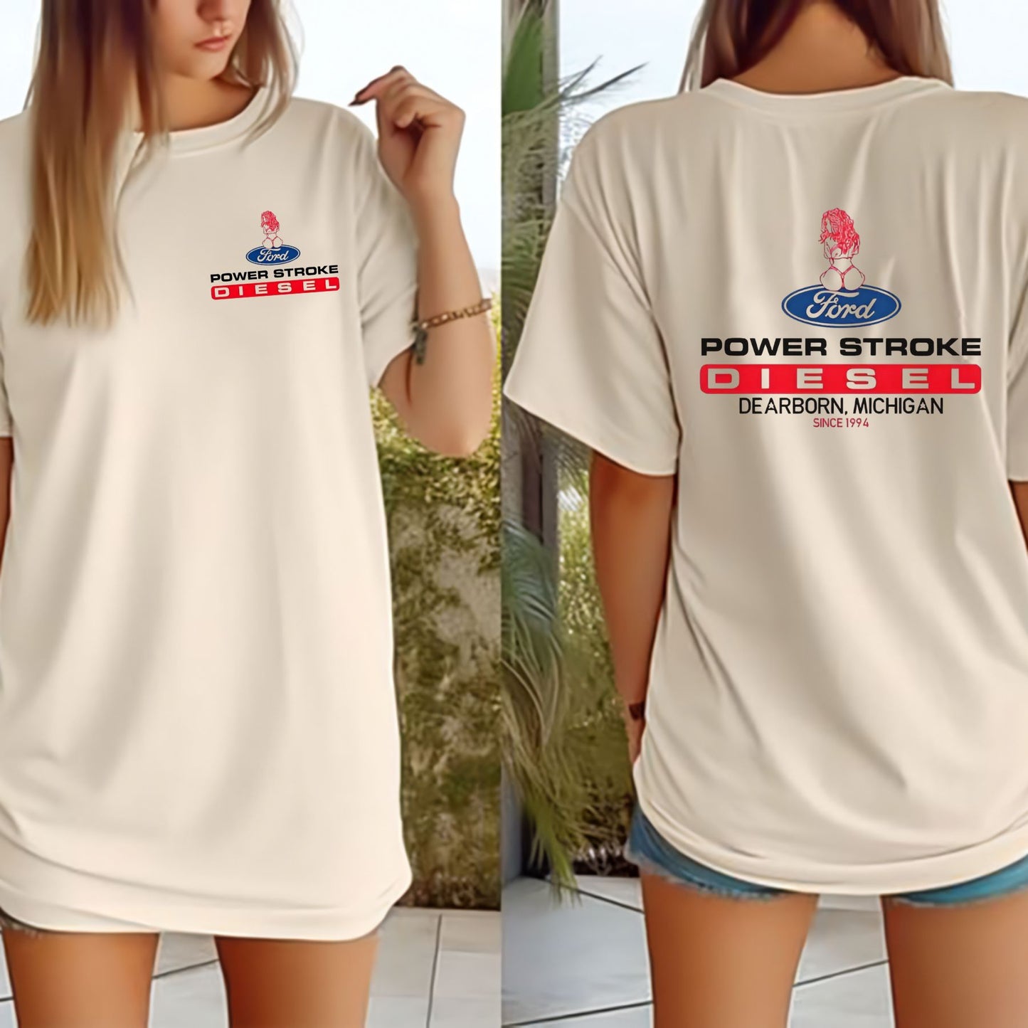 Power Stroke Logo T-Shirt with Lady Graphic - 2-Sided Tee for Truck & Car Enthusiasts, Unisex Style
