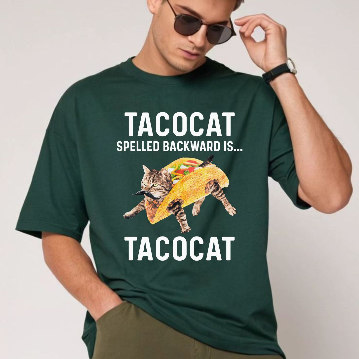 "Tacocat Backward Is Tacocat" Tee - Funny Food & Cat Graphic Shirt, Clever Palindrome Apparel
