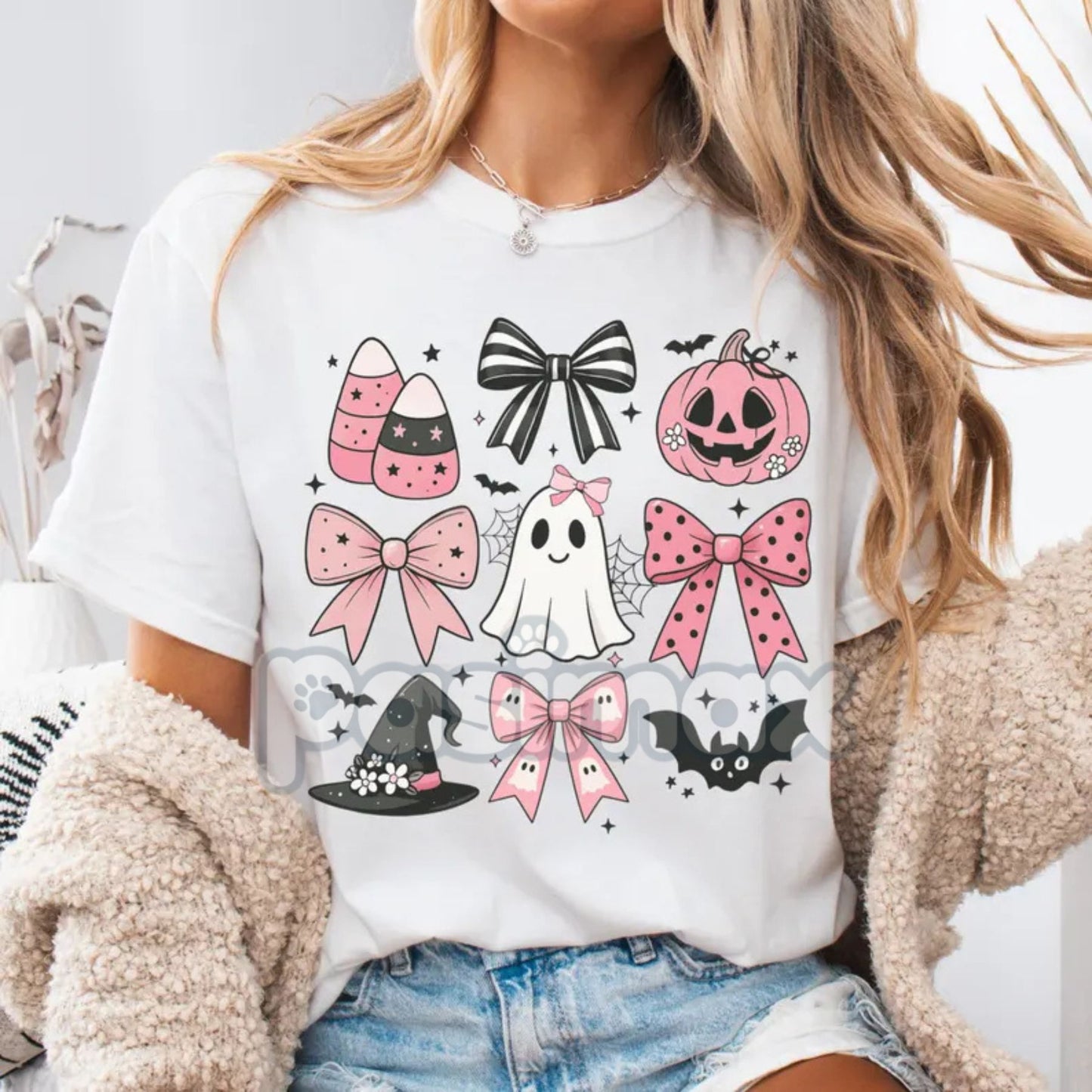 Comfort Colors® Pink Girly Bows Halloween Tee – Cute Ghost Shirt, Coquette Spooky Fall Shirt, Vintage Halloween Gift