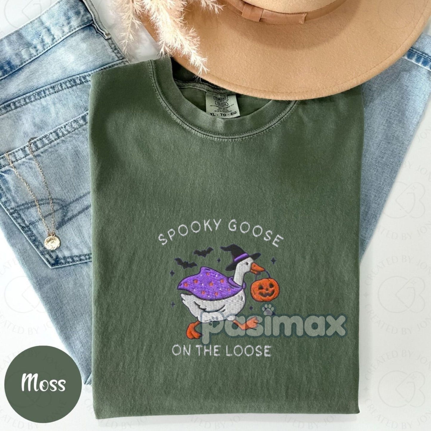 The Ghostly Goose Embroidered Comfort Colors® T-Shirt – Quirky Halloween Goose Tee