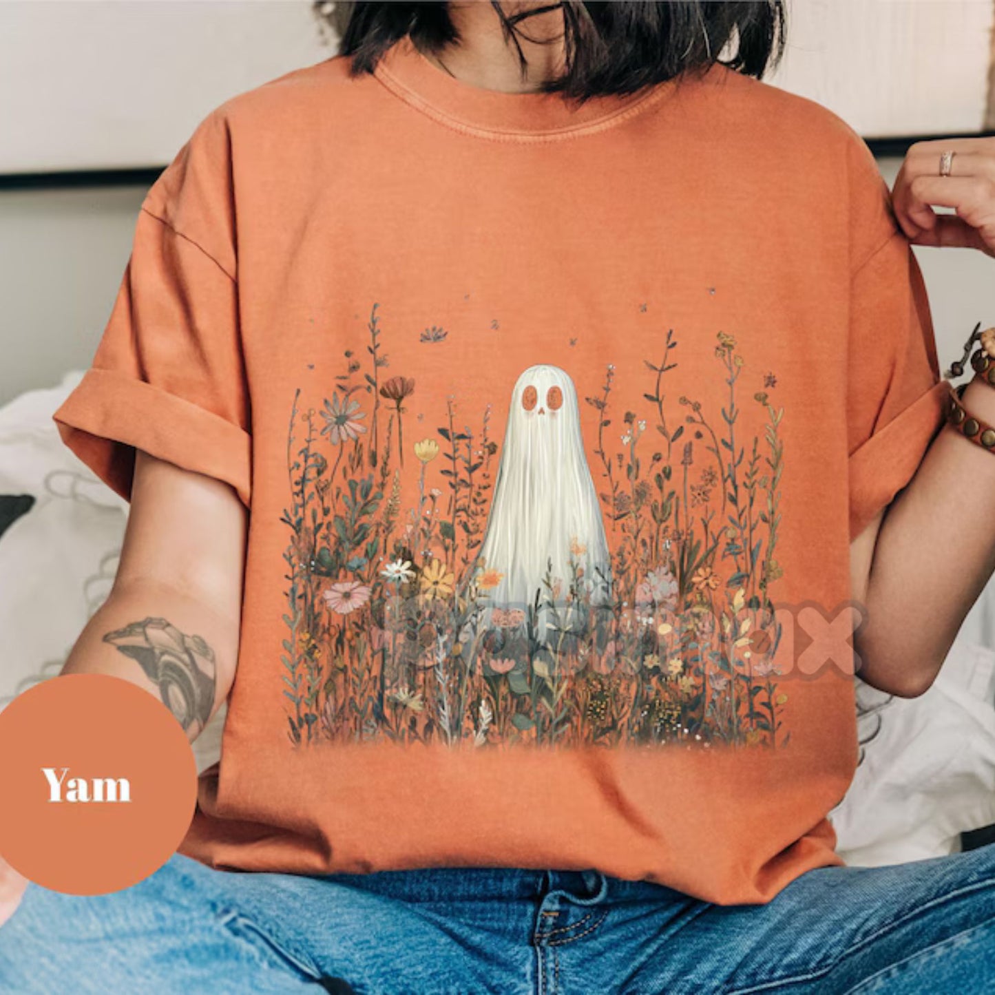 Comfort Colors® Enchanted Ghost in Wildflowers T-Shirt – Cottagecore Halloween Floral Tee, Whimsical Fall Graphic, Fairy Tale Spooky Gift