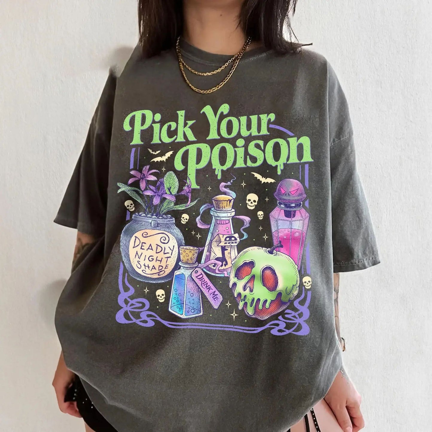 'Pick Your Poison' Vintage Disney Villain Tee – Halloween Potion Shirt, Wicked Humor Top, Spooky Retro Apparel