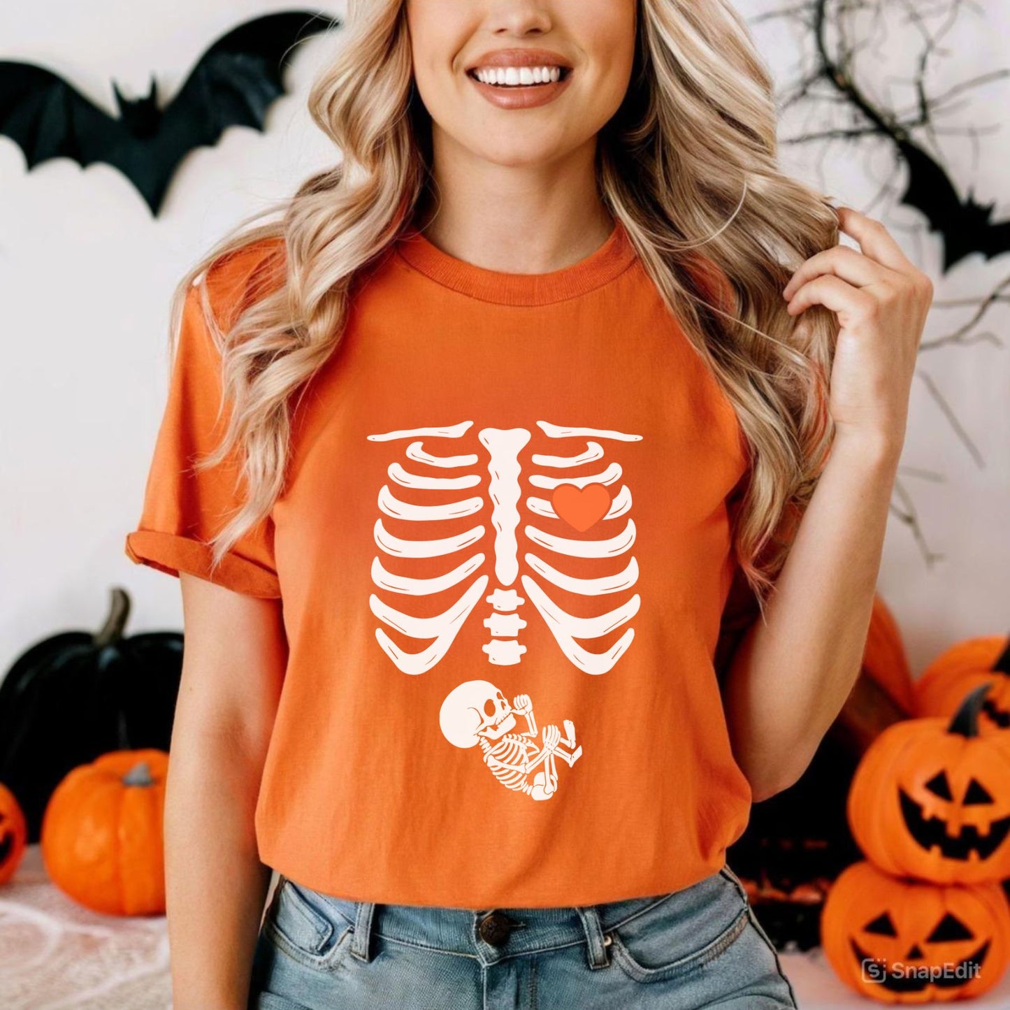 Skeleton Halloween Maternity T-Shirt - Funny Pregnancy Announcement Tee, Spooky Baby Reveal