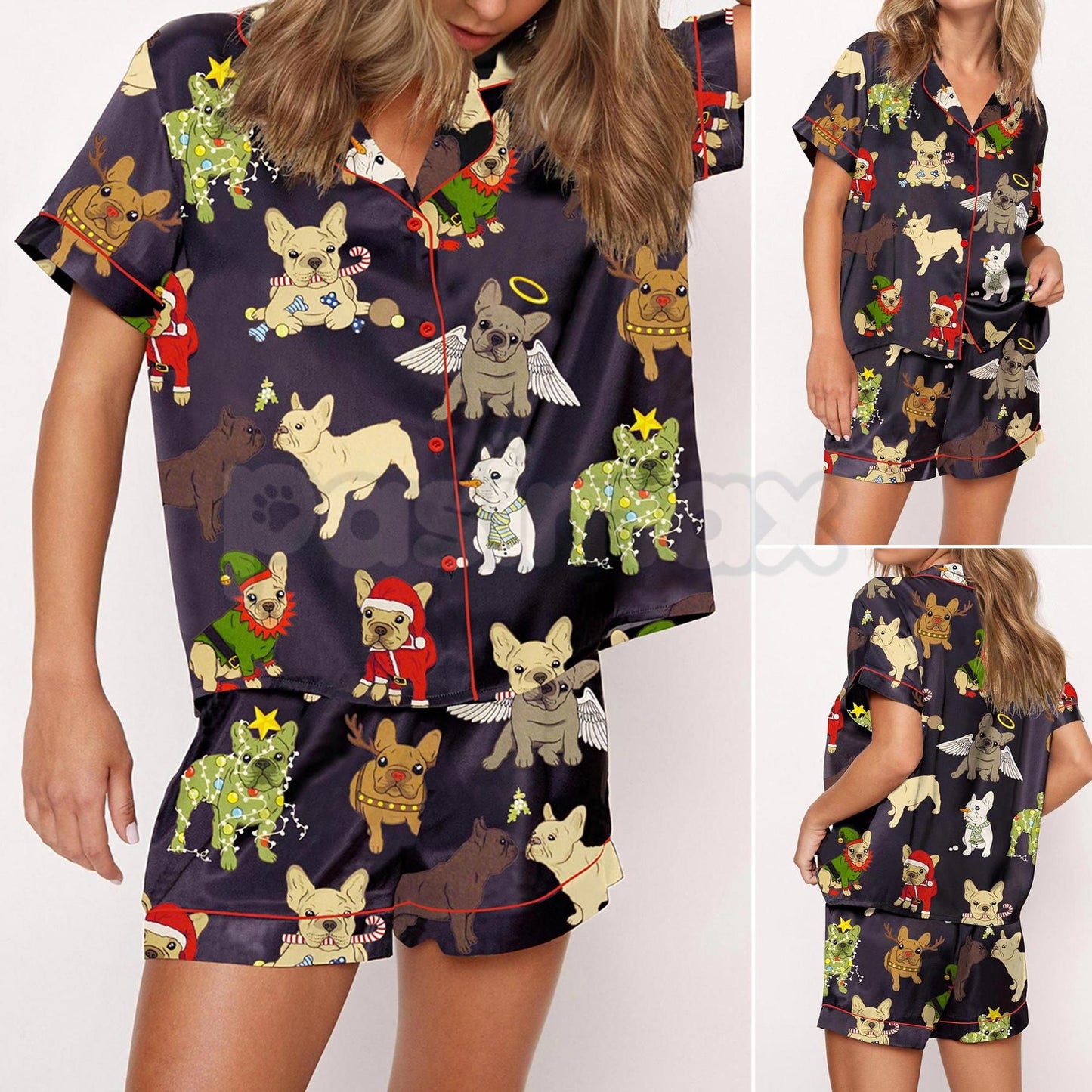 Christmas French Bulldog Satin Pajama Set for Women - Comfy Silky Sleepwear & Loungewear PJs