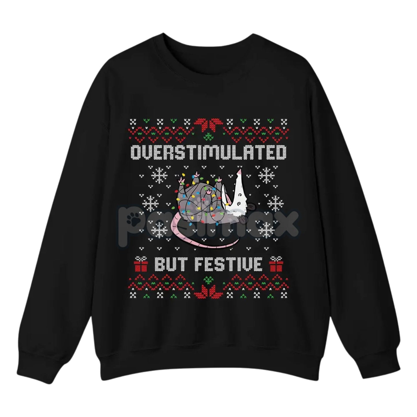 Funny Opossum Christmas Sweatshirt – "Overstimulated But Festive" Ugly Holiday Top