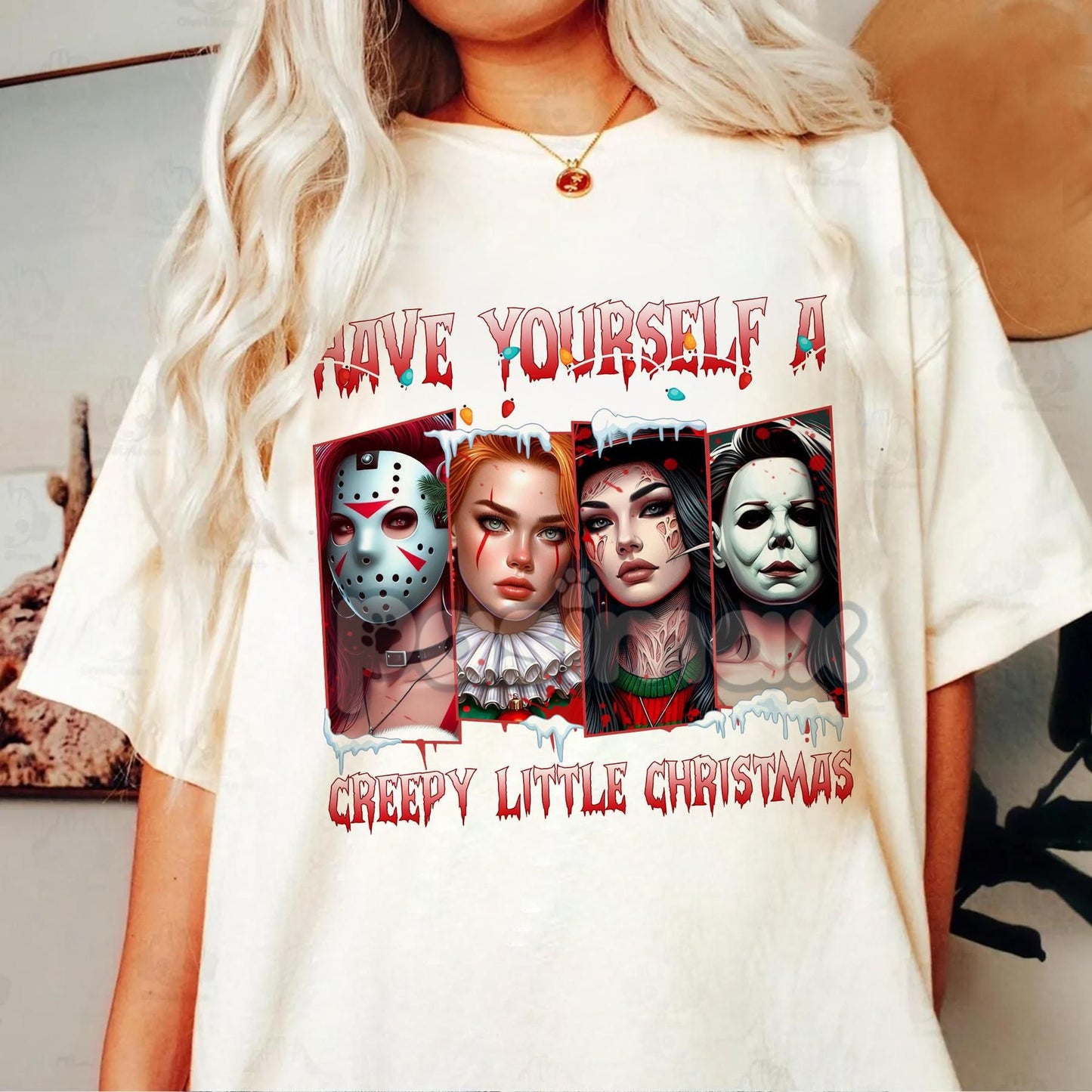 Merry Creepmas T-Shirt - Christmas Halloween Movies Characters Tee, Chibi Movie Characters Shirt