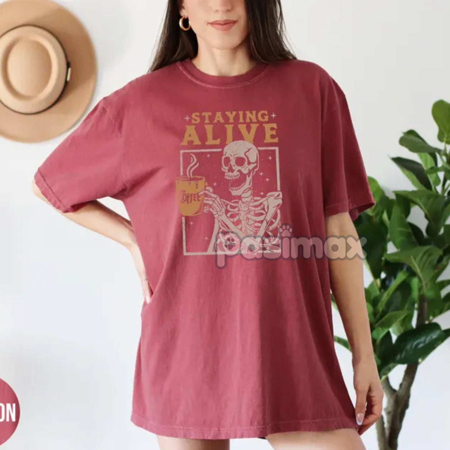 'Staying Alive' Coffee Shirt – Skeleton Retro T-shirt, Funny Coffee Lovers Gift, Daily Grind Tee, Women's Comfort Colors Apparel