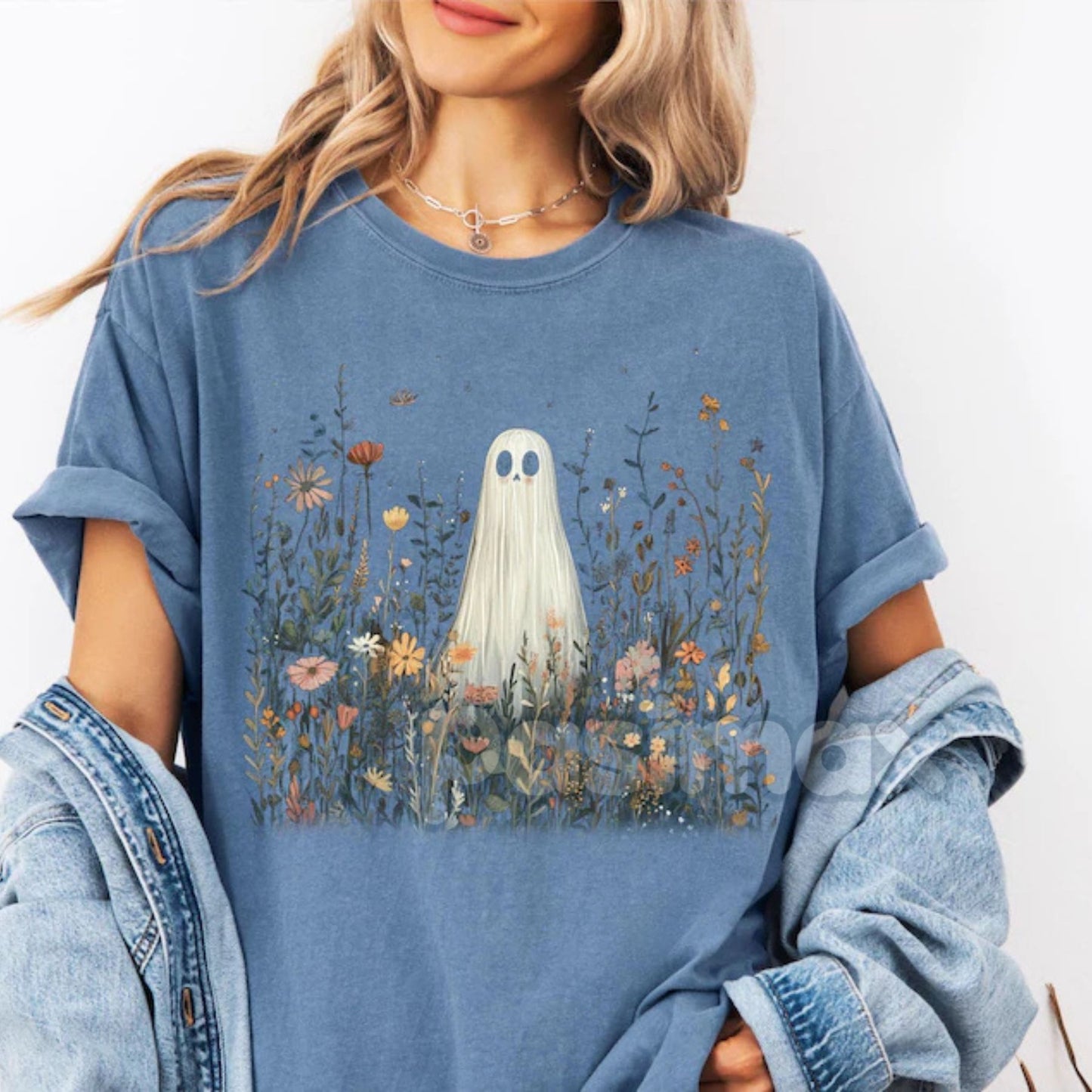Comfort Colors® Enchanted Ghost in Wildflowers T-Shirt – Cottagecore Halloween Floral Tee, Whimsical Fall Graphic, Fairy Tale Spooky Gift