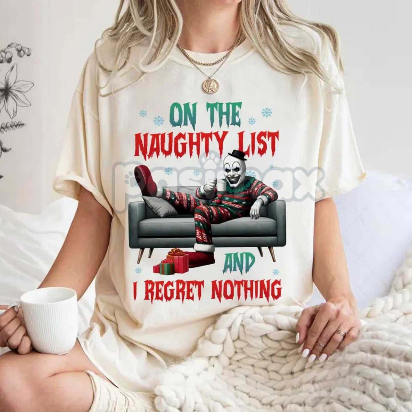 "On The Naughty List And I Regret Nothing" Christmas Shirt - Christmas Halloween Characters Tee, Team Naughty
