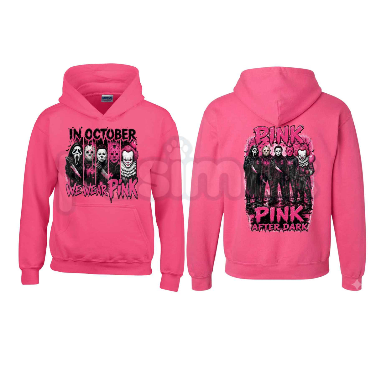 Heliconia Horror October Hoodie – In October We Wear Pink Scary Movie Character Pumpkin Bat Graphic Pullover, Halloween Breast Cancer Awareness Sweatshirt