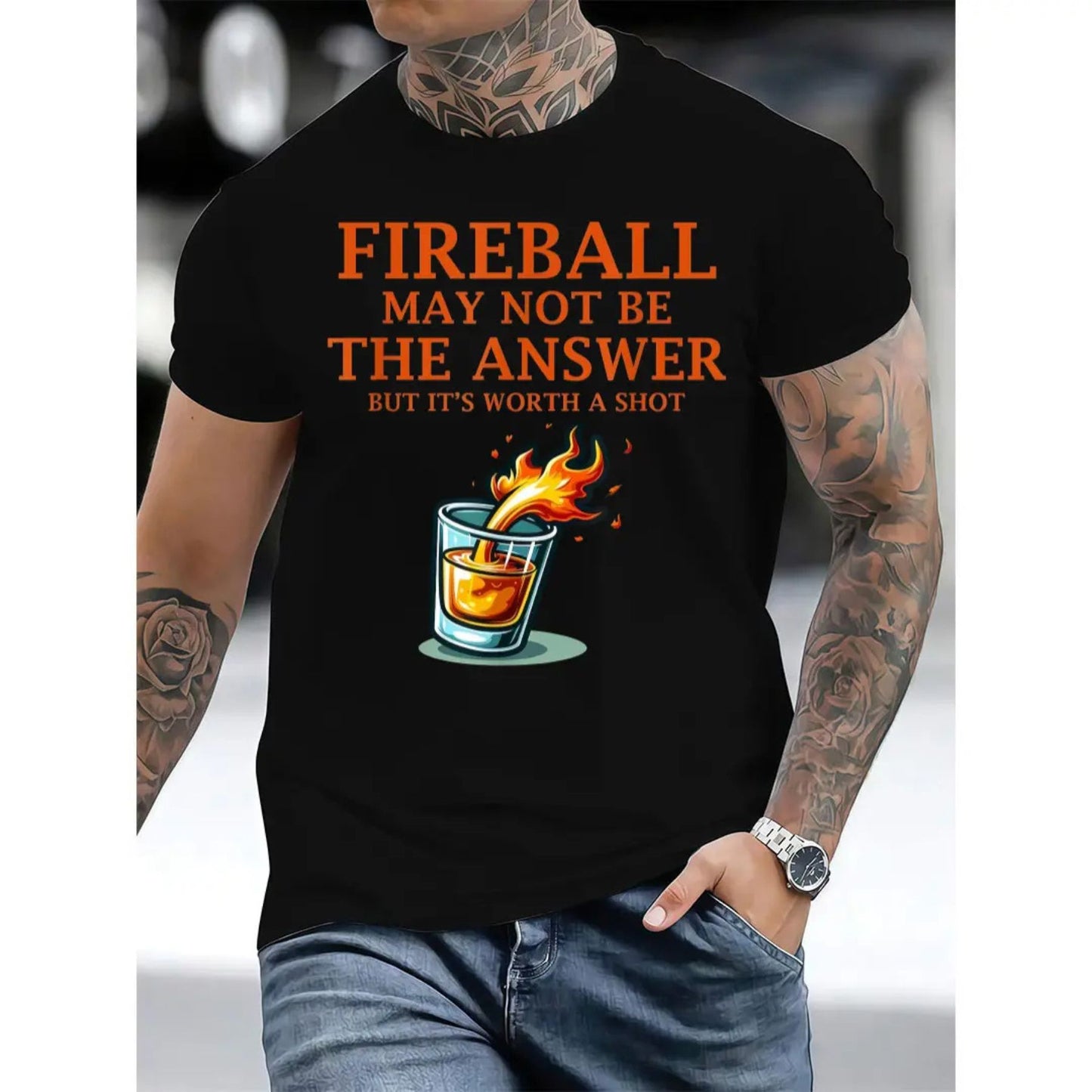 Men's "Fireball & Whiskey" Graphic Tee - Bold Casual Wear, Stylish Slim Fit