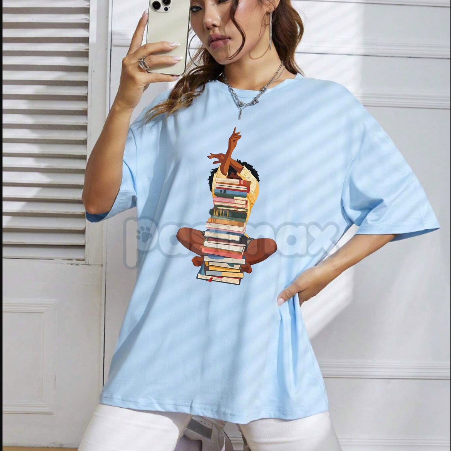Black Woman and Books Stack T-Shirt - Afro Girl Book Lover Graphic Tee, Literary Culture Apparel, Unisex Black History-Pasimax