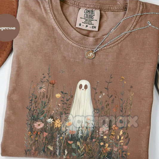 Comfort Colors® Enchanted Ghost in Wildflowers T-Shirt – Cottagecore Halloween Floral Tee, Whimsical Fall Graphic, Fairy Tale Spooky Gift-Pasimax