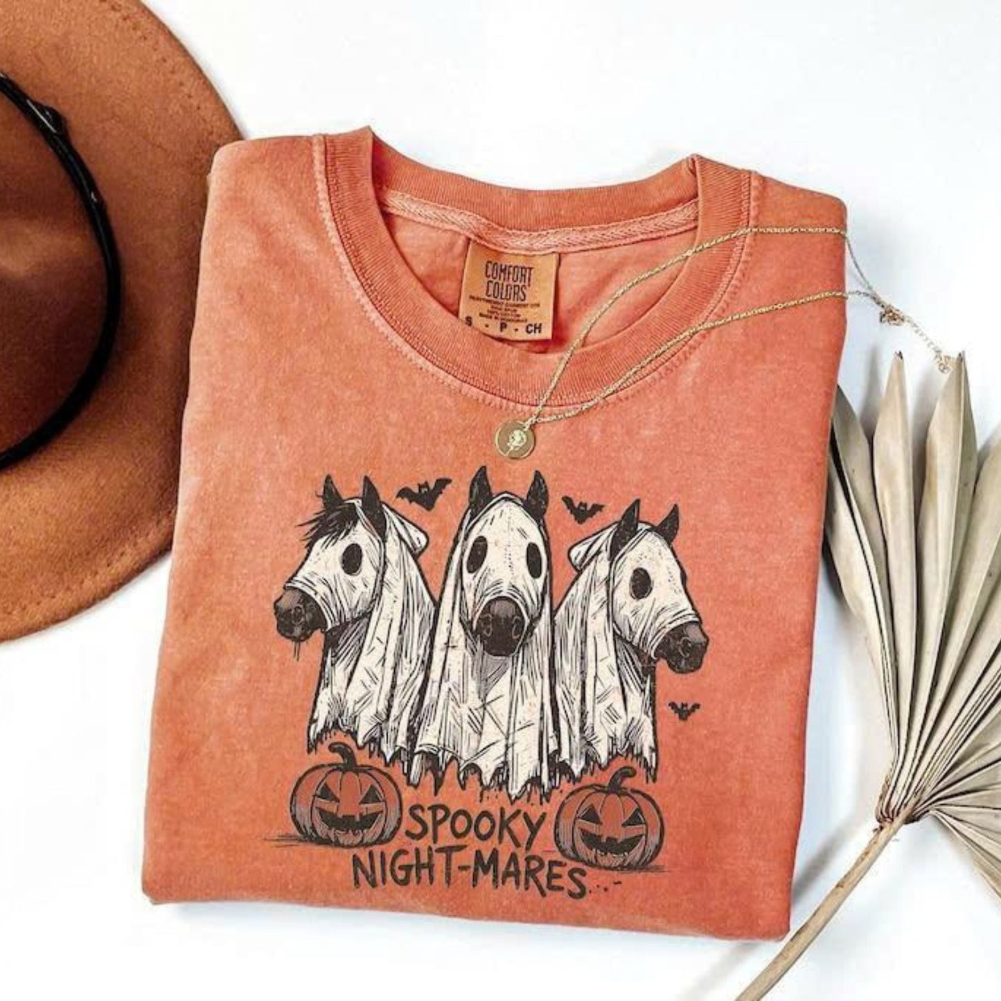 Comfort Colors Halloween Spooky Night-Mares Horse Shirt, Cute Ghost Horse Tee, Western Halloween Cowgirl Graphic T-Shirt, Fall Season Gift-Pasimax