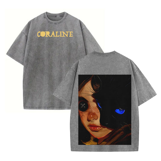 Coraline Retro Vintage T-Shirt – Washed Heavyweight Cotton, Unisex Movie Merch Tee-Pasimax