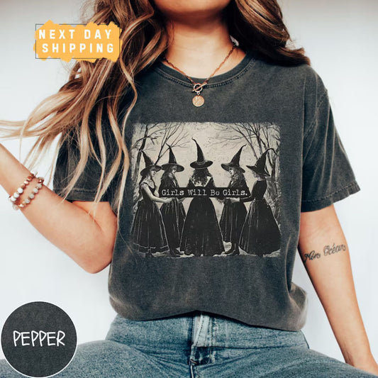 Cozy Retro 'Girls Will Be Girls' Witch Shirt – Comfort Colors® Nostalgic Halloween Tee, Funny Witchy Vibes Fall Staple-Pasimax