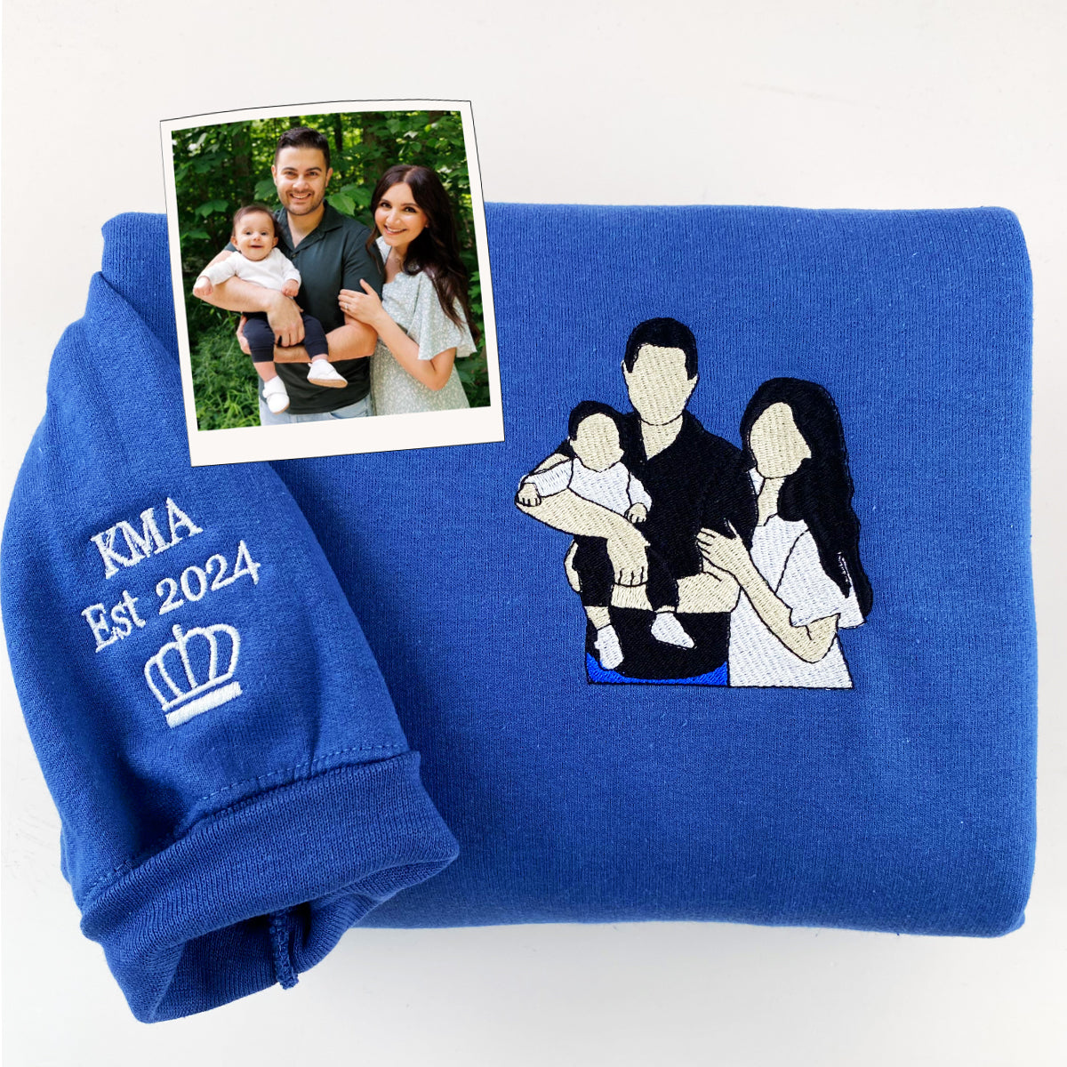 Custom Embroidered Full-Color Dad and Daughter Portrait Sweatshirt Hoodie with Initial on Sleeve