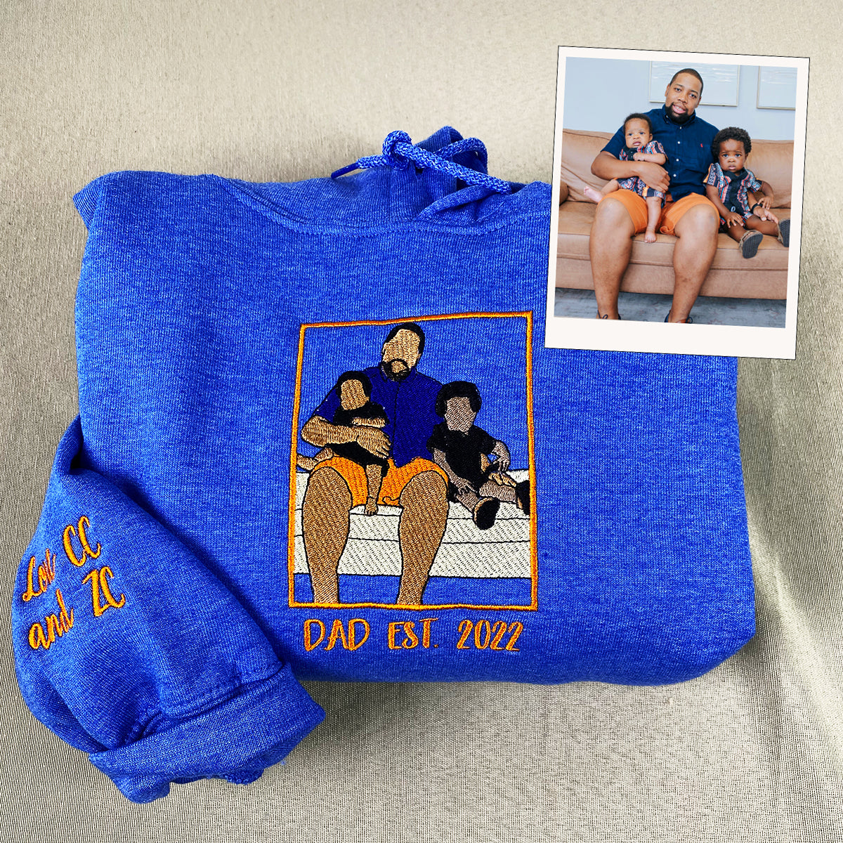Custom Embroidered Full-Color Dad and Daughter Portrait Sweatshirt Hoodie with Initial on Sleeve