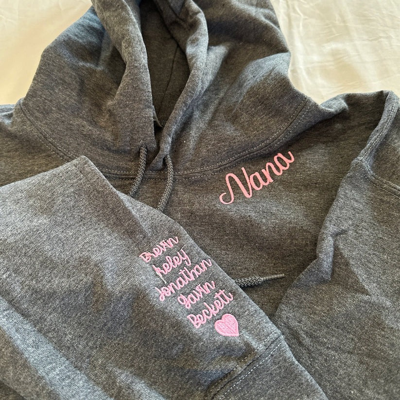Custom Embroidered Nana Sweatshirt Hoodie - Personalized Kids Names on Sleeve