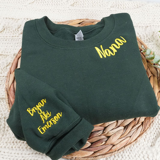 Custom Embroidered Nana Sweatshirt Hoodie - Personalized Kids Names on Sleeve