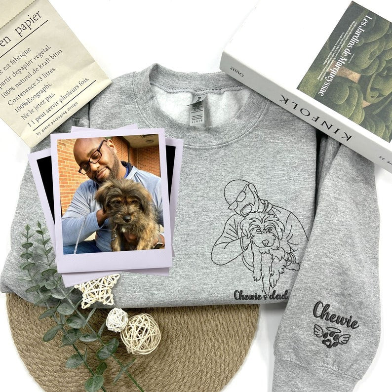 Custom Embroidered Dog Dad Sweatshirt, Dog Mom Crewneck, Pet and Owner Portrait Embroidery