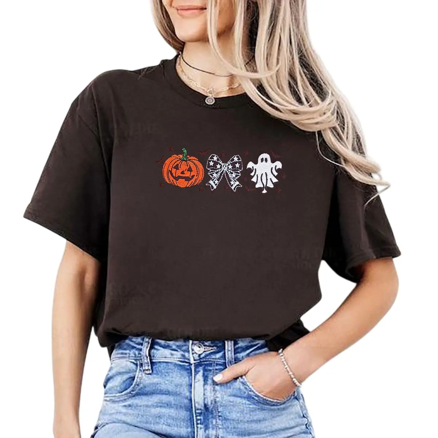 Cutesy Spooky Bows T-Shirt – Embroidered, Relaxed Fit Tee with Ghost & Spiderweb Design-Pasimax
