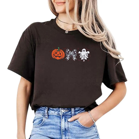 Cutesy Spooky Bows T-Shirt – Embroidered, Relaxed Fit Tee with Ghost & Spiderweb Design-Pasimax