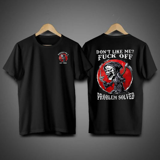 Don’t Like Me F*ck Off Problem Solved T-Shirt – Funny Halloween Graphic Tee, Unisex Casual Cotton Shirt-Pasimax