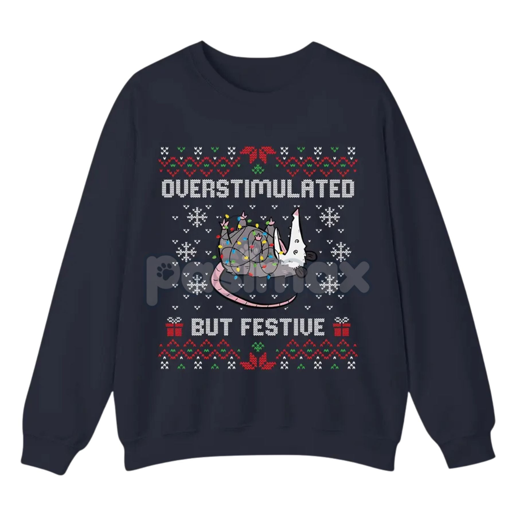 Funny Opossum Christmas Sweatshirt – "Overstimulated But Festive" Ugly Holiday Top-Pasimax