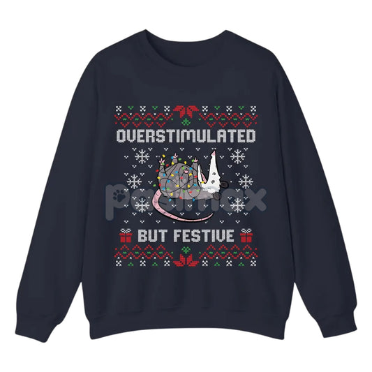 Funny Opossum Christmas Sweatshirt – "Overstimulated But Festive" Ugly Holiday Top-Pasimax