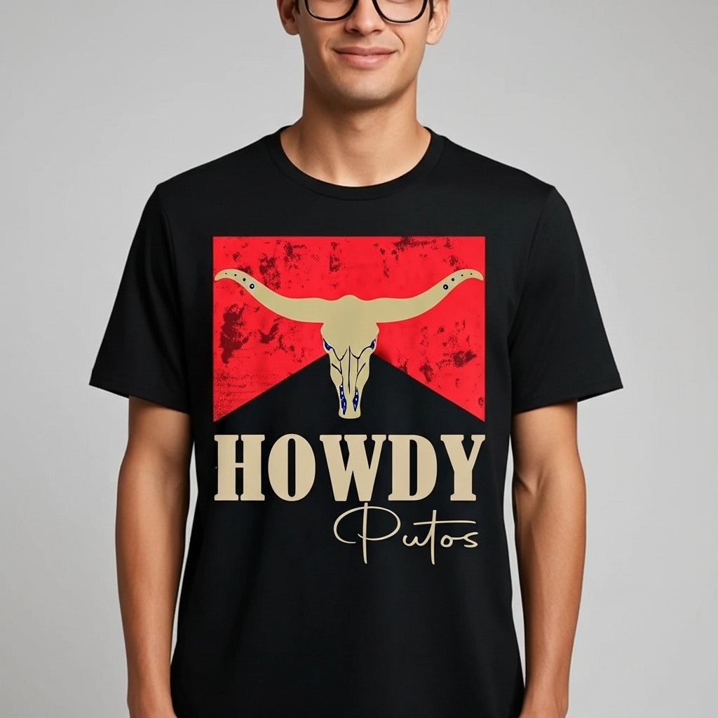 "Howdy Putos" Rebel Cowboy T-Shirt - Unisex Bull Skull Outlaw Graphic Tee, Edgy Country Slang Apparel, Western Heritage Humor-Pasimax