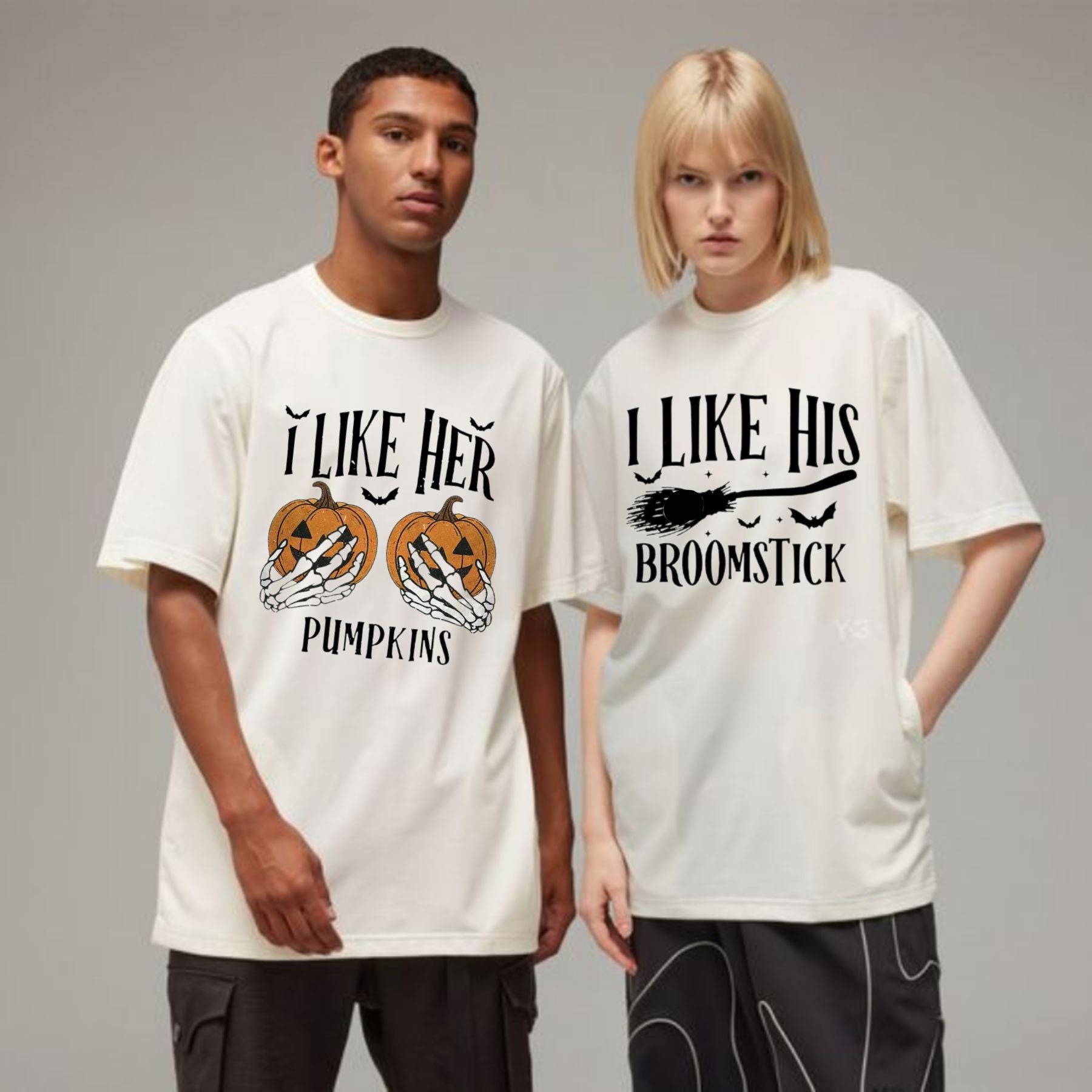 "I Like Her Pumpkins / I Like His Broomstick" T-Shirts - Funny Matching Couple Halloween Tees, Casual Spooky Style-Pasimax