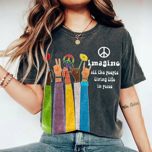 'Imagine All The People Living Life In Peace' Shirt – John Lennon Music, Beatles Song Lyrics Shirt, Vintage Hippie Life Tee-Pasimax