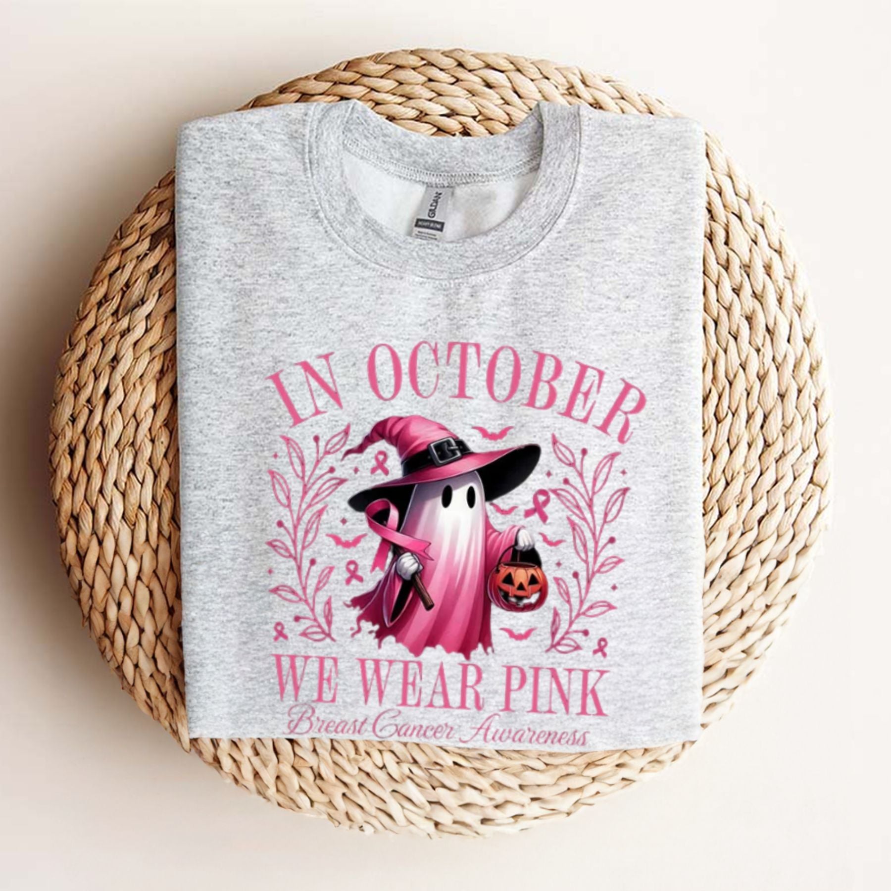 In October We Wear Pink Ghost T-Shirt - Breast Cancer Awareness & Halloween Tee, Pink Ribbon Shirt-Pasimax
