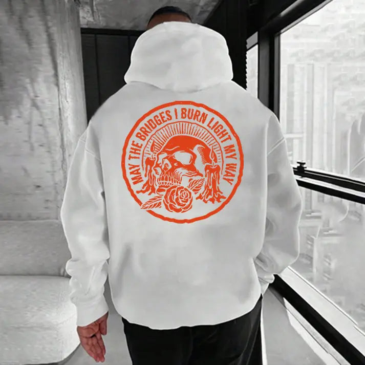 "May the Bridges I Burn Light My Way" Skull Print Hoodie – Men's Bold Statement Pullover, Edgy Streetwear-Pasimax