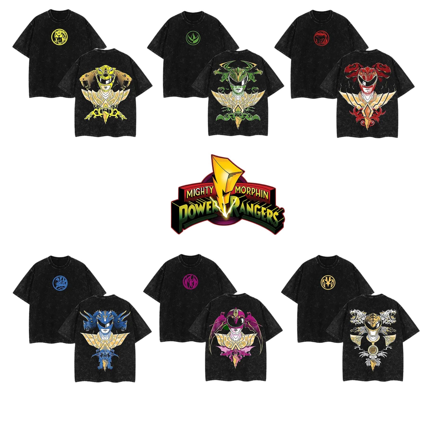 Mighty Morphin Power Rangers T-Shirt – Green, White, Red Ranger Washed Cotton Tee-Pasimax