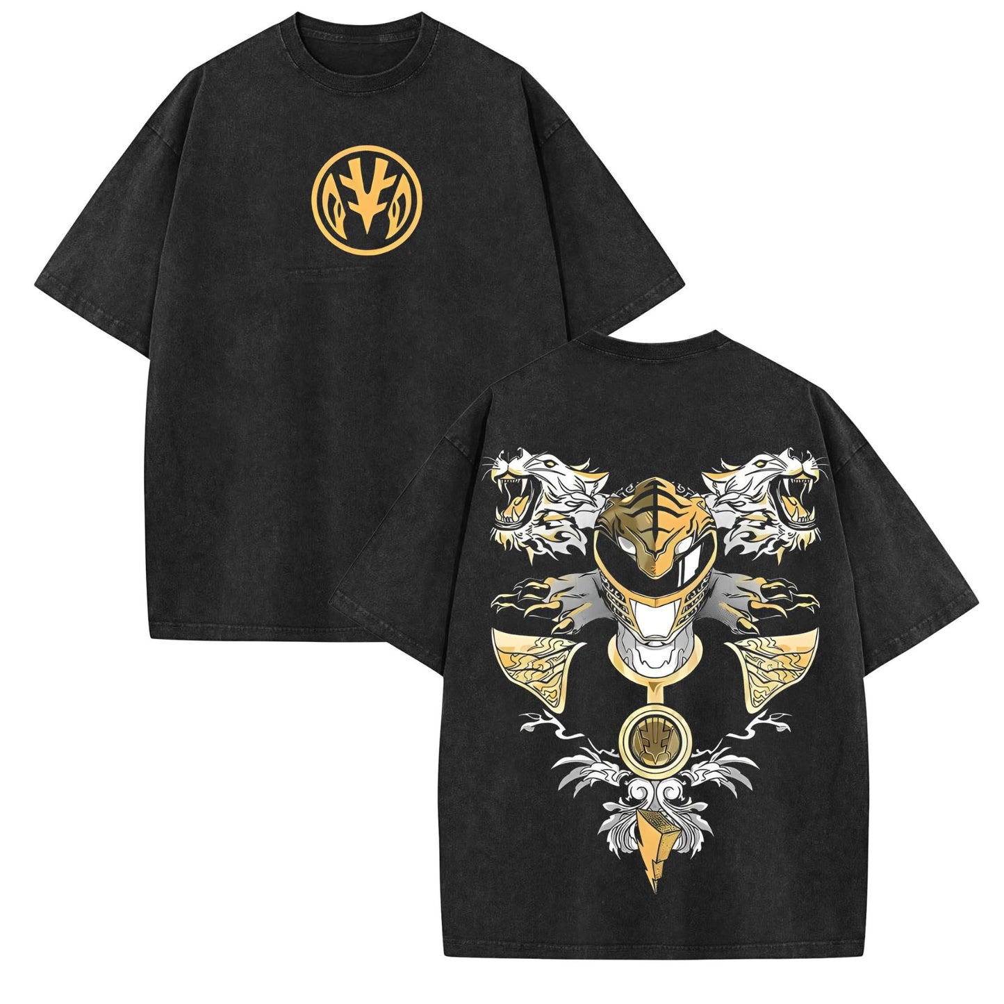 Mighty Morphin Power Rangers T-Shirt – Green, White, Red Ranger Washed Cotton Tee-Pasimax