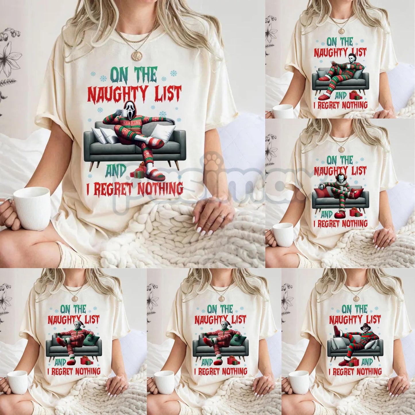"On The Naughty List And I Regret Nothing" Christmas Shirt - Christmas Halloween Characters Tee, Team Naught-Pasimax