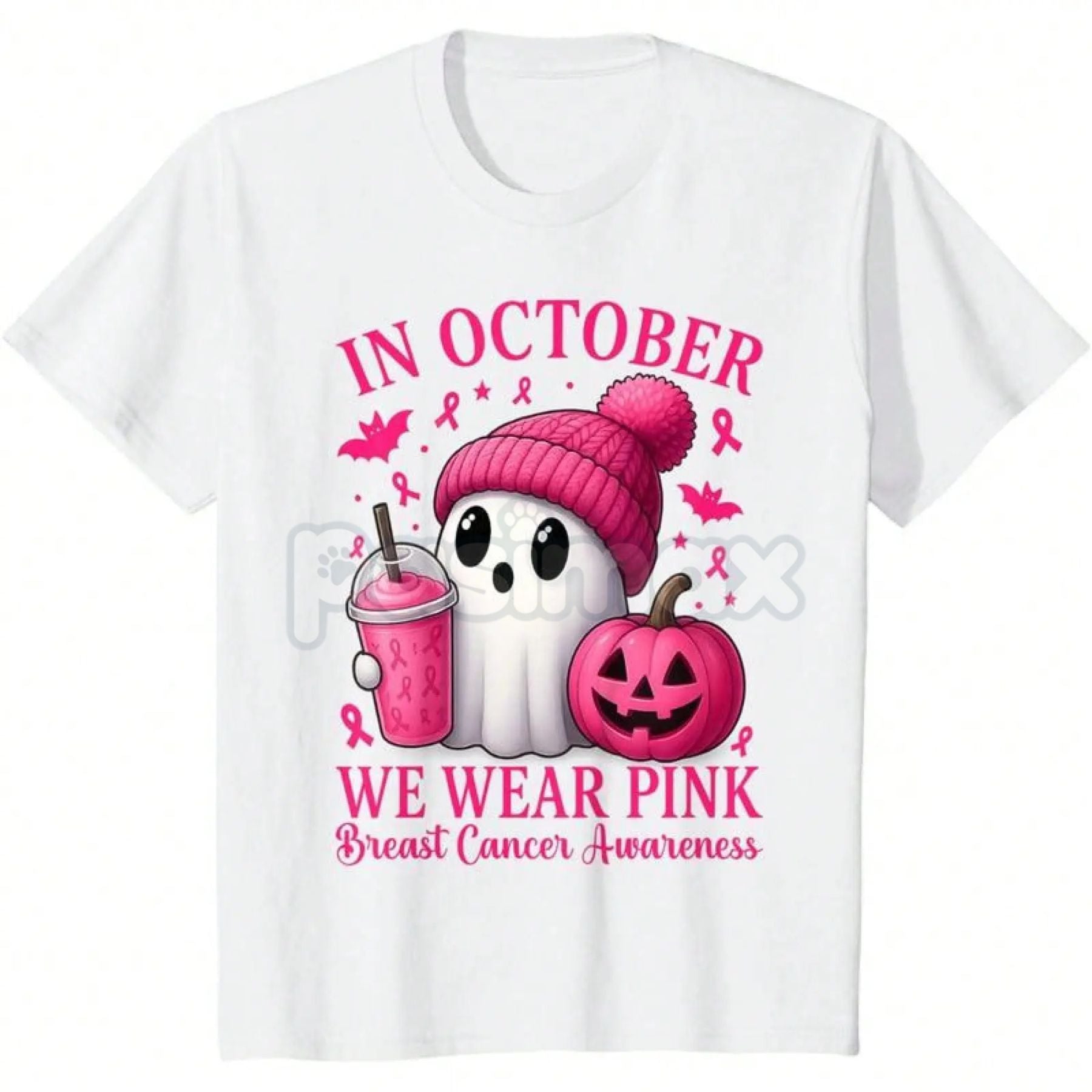 Pink Power Halloween Awareness Shirt - Cute Ghost & Pumpkin Breast Cancer Tee, October Statement Graphic-Pasimax