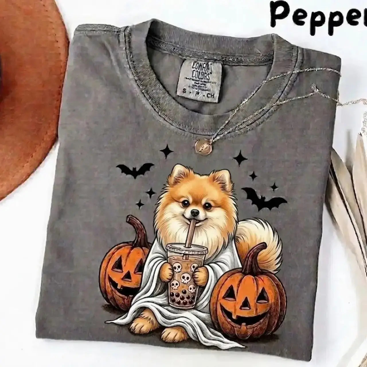 Comfort Colors® Pepper Dog Ghost & Boba Tea Halloween T-Shirt – Custom Dog Breeds Spooky Season Graphic Tee, Vintage Pet Lover Unisex Top