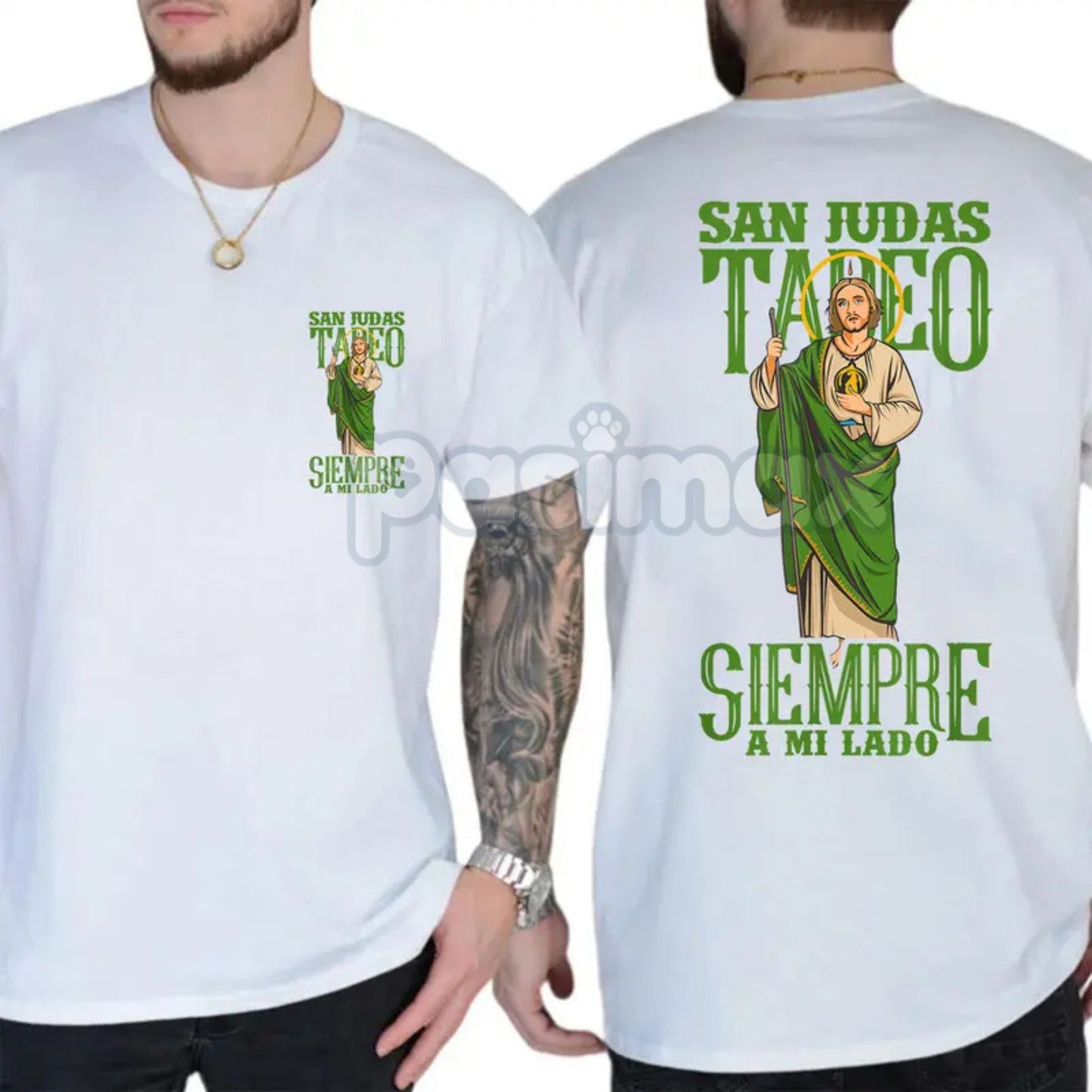 San Judas Tadeo Iconic Portrait T-Shirt - 2-Sided Latinx Faith Apparel - Vibrant Religious Graphic Tee-Pasimax