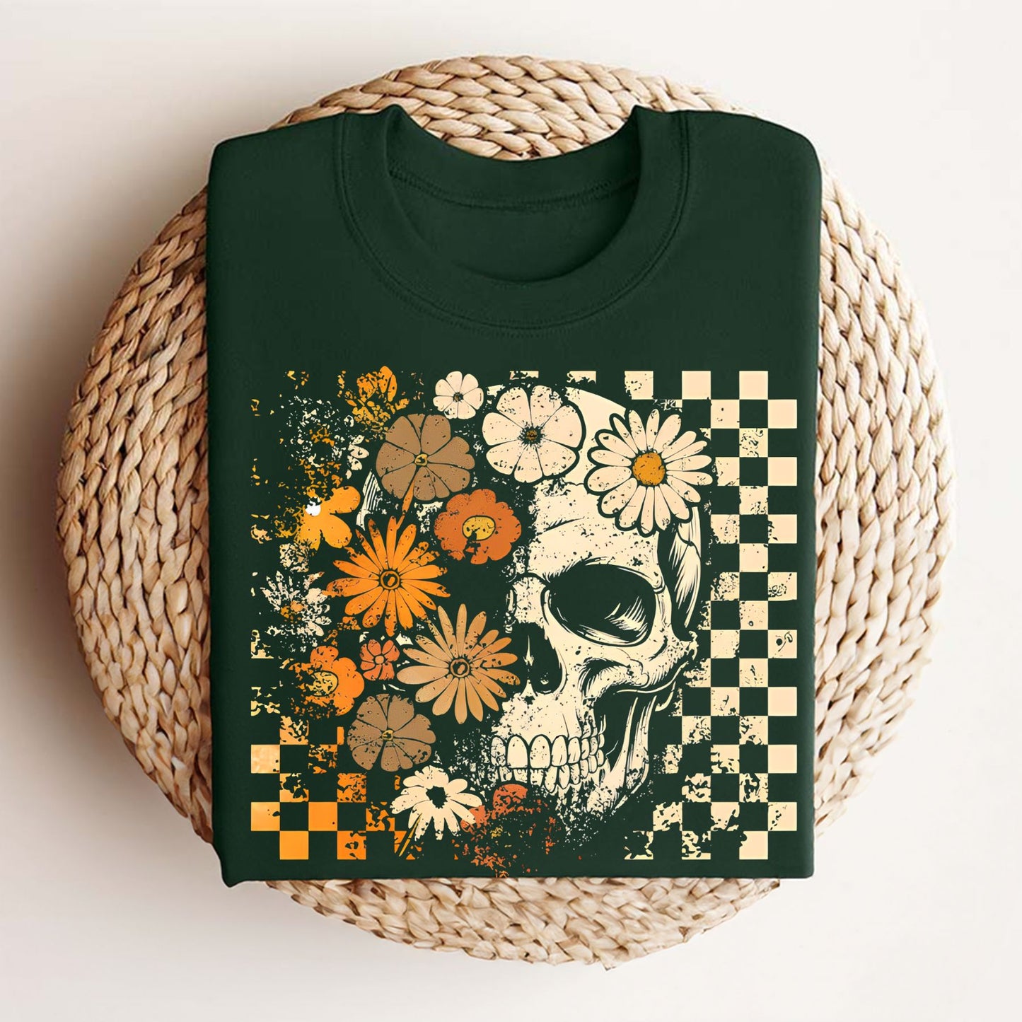 Skull and Flowers T-Shirt - Vintage Halloween Graphic Tee, Retro Oversized Streetwear Shirt-Pasimax