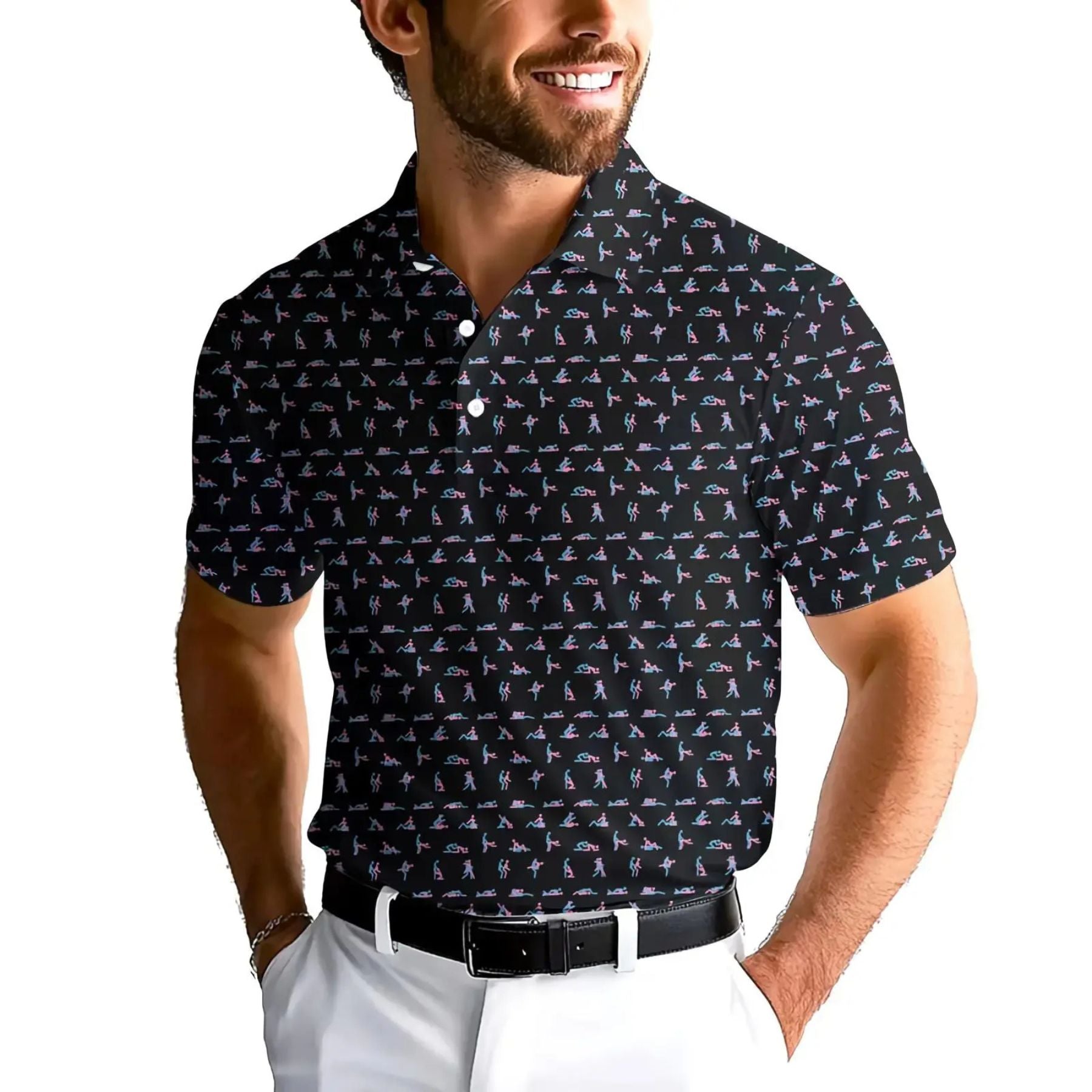 sex dress shirt Sexual Positions Pattern | Man & Woman Stick People Characters | All-over Print Men's Polo Collar Jersey