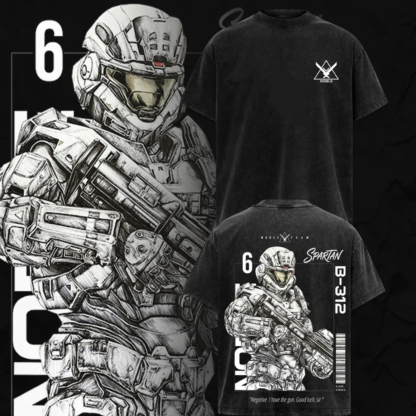 Noble Team V3 Halo Reach T-Shirt – Double Printed Spartan Graphic Tee, Vintage Acid Washed Lightweight Cotton Oversized Gaming Streetwear Top