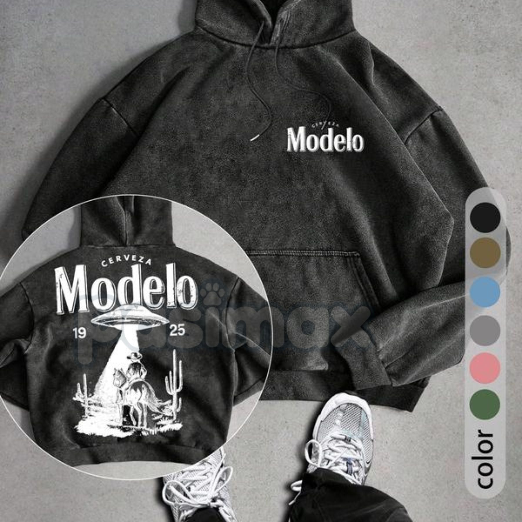 UFO Cowboy Showdown Hoodie – Men's Retro Washed Streetwear, Unique Graphic Pullover-Pasimax