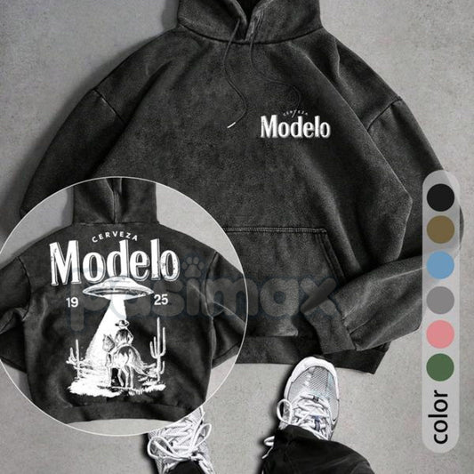 UFO Cowboy Showdown Hoodie – Men's Retro Washed Streetwear, Unique Graphic Pullover-Pasimax