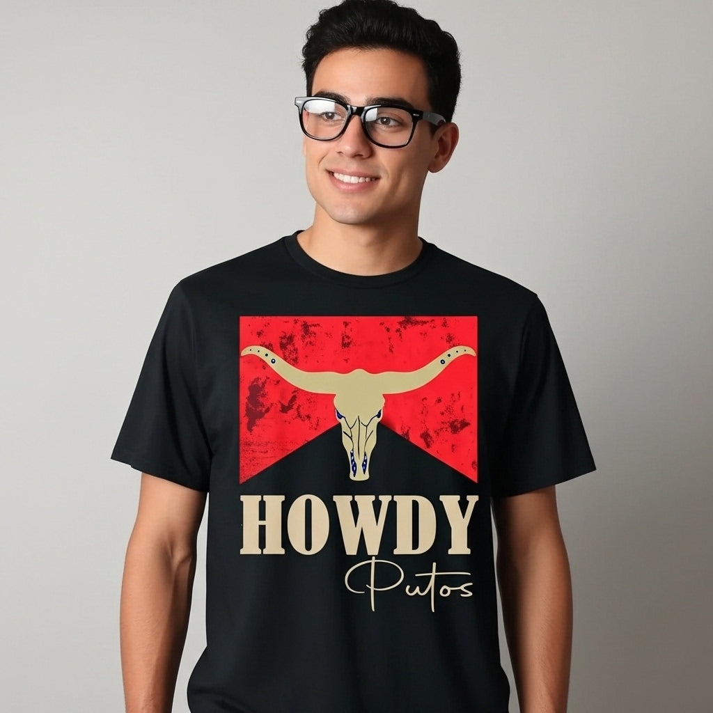 "Howdy Putos" Rebel Cowboy T-Shirt - Unisex Bull Skull Outlaw Graphic Tee, Edgy Country Slang Apparel, Western Heritage Humor