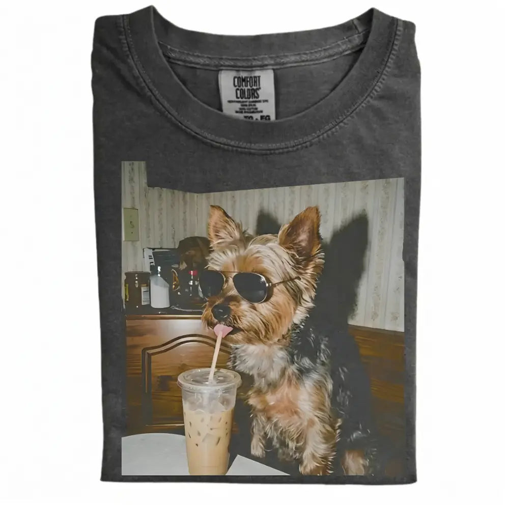 Comfort Colors® Custom Dog Breeds Drinking Iced Coffee T-Shirt – Vintage 90s Funny Edgy Dog Meme Tee, Aesthetic Coffee Lover Dog Mom Gift Shirt