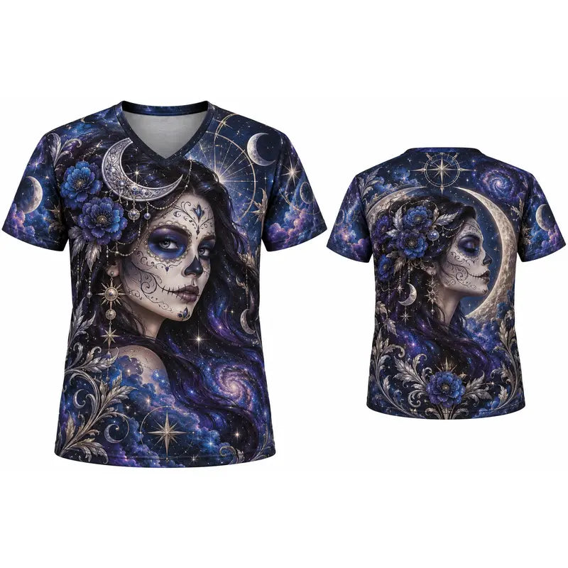Lady's Mexican Día de los Muertos Skull La Catrina V-Neck Shirt – Day of the Dead Heritage Graphic Tee