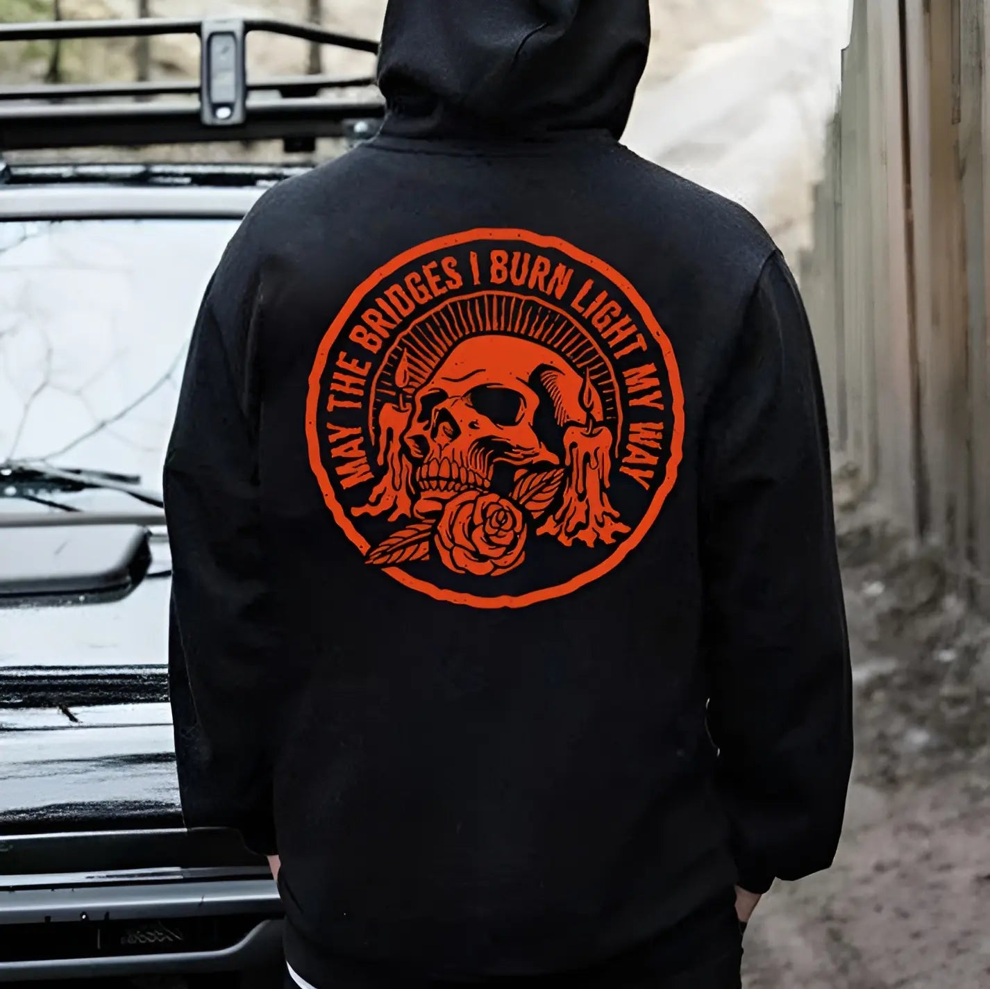 "May the Bridges I Burn Light My Way" Skull Print Hoodie – Men's Bold Statement Pullover, Edgy Streetwear